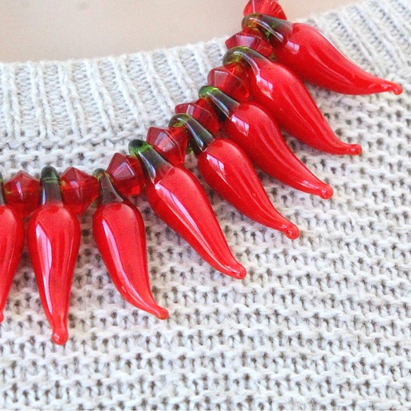 Blown Glass Red Chili Pepper Beaded Necklace Red Beads Handmade Art Glass - Picture 2 of 4